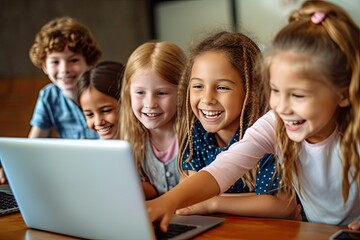 back to school, smiling children playing with a laptop at a classroom. Generative AI