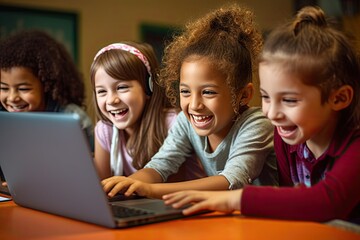 Wall Mural - back to school, smiling children playing with a laptop at a classroom. Generative AI