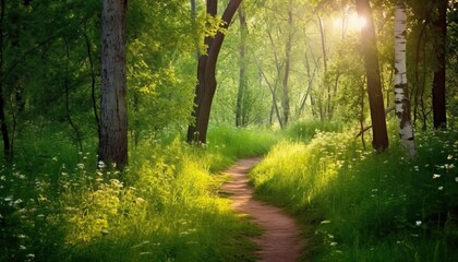 Wall Mural - Path footpath in the deciduous forest in spring in the summer in the morning sun. Young lush green trees in the forest