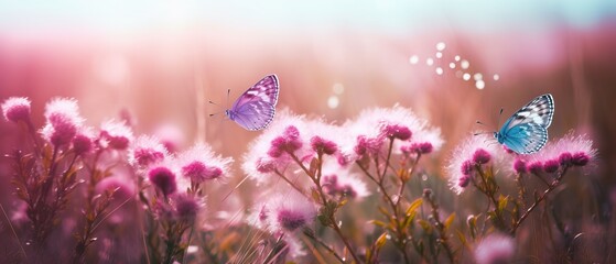 Wild pink flowering fluffy grass in field and two fluttering butterfly on nature outdoors, macro. Magic artistic image. Selective soft focus.