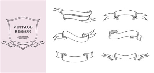 black line vintage ribbon banner vector set. hand drawn line art.