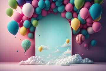 Canvas Print - Birthday holiday background with balloons. Illustration AI Generative.