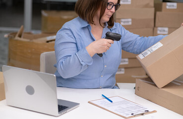 Poster - logistic shipping online orders. small business owner packaging items for delivery at her e-commerce office scanning barcodes to track