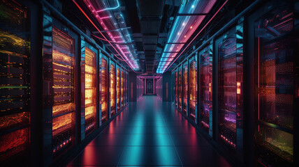 Data Center Server Room. Network Communication, Colorful Neon Server Racks, and Telecommunication Equipment, Optical fiber in a Cutting-Edge Technology Background. generative ai