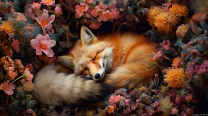 Wall Mural - Red fox peacefully sleeping in a bed of flowers