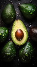 Fresh Organic Avocado Fruit Photorealistic Vertical Background. Healthy Vegetarian Diet. Ai Generated Lifelike Background With Delicious Juicy Avocado Fruit. Generative AI