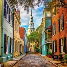 Quaint Cobblestone Street. Colorful Row Houses. Tall Church Steeple Center. Lush Green Trees. Cloudy Sky Backdrop. Warm, Inviting Atmosphere.