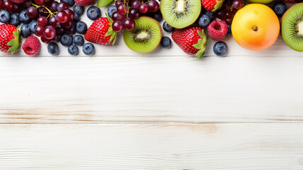 Ingredients for healthy breakfast meals: strawberries, raspberries, blueberries, orange, grapes, kiwi forming a top border over a white wood background. Top view. Copy space, generative ai