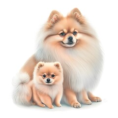 cute pomeranian mother pomeranian with her baby, neo-rococo, pastel colors, detailed, soft light, no