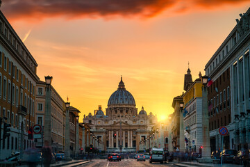 Sticker - St. Peter's basilica at sunset viewed across Via della Conciliazione street  