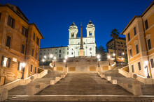 Piazza Di Spagna Square With Spanish Steps In Rome At Night, Italy