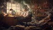 © InfiniteFlow - A workaholic man sitting at a desk and working at laptop surrounded by tons of papers and other documents. Generative AI image AIG30.