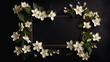 Cartão em branco no quadro feito de flores de jasmim brancas sobre fundo preto. Convite de casamento. Brincar. postura plana