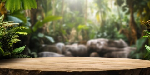 Wall Mural - A flat rock empty table for product display with blur background of tropical jungle. Generative AI AIG30.