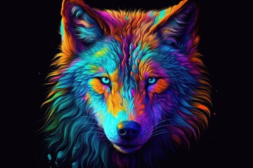 Naklejka na meble Colorful wolf portrait on black background. Animal art design. Created with Generative AI tools