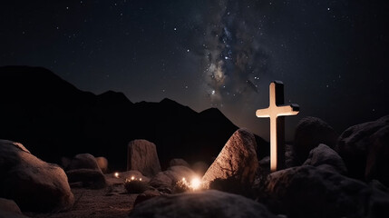 Wall Mural - crucifixo de jesus a noite sobre as estrelas 