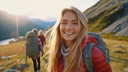 a young adult woman with a backpack on a mountain with a view of a valley and a mountain, nature and hiking, wanderlust, camping and hiking