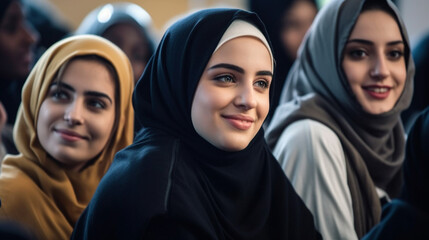 young adult teenager teens girls or women wearing headscarf, arabic muslim islam, fictional place, happy smiling and satisfied, friends group or class