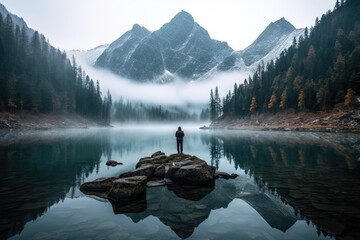 Mystical Mountain Forrest Landscape with Person and Reflection on Lake - Morskie Oko, High Tatras, Zakopane, Poland. Generative AI