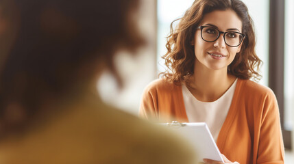 young adult woman at the psychologist or at an interview or with a friend having small talk, talking and having a conversation