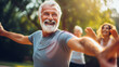 © wetzkaz - middle aged man with gray hair and gray beard cheering with hands up and people in the background, exercising in a park, outdoor fitness, outside, exercising and exercising, fictional location
