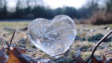 Frozen Crystal Ice Heart Of Roses Leaf Heart In Winter Time With Snow, Ice, Frozen Winter, Abstract