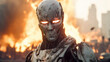 at war, robot humanoid android with artificial intelligence, fire and flames, suffering and destruction, war zone or end of the world and end of humanity or autonomous war weapon