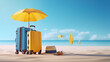 © wetzkaz - suitcases, suitcases on wheels, luggage on the sandy beach with parasol, by the sea, water and sand, beach vacation and long-distance summer trip to the tropics, fictitious place