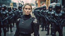 Special Police Or Army Unit In Black Clothes And Partially Masked, Caucasian Woman, Fictional Location, Secret Agents Or Police Officers, Body Armor, Young Adult Woman