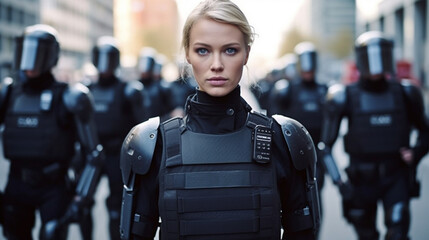 special police or army unit in black clothes and partially masked, caucasian woman, fictional locati