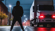 © wetzkaz - masked man stands in the middle of the street, at night, with a smaller truck, van, mafia or criminal or criminal project, fictional place, side street, small town or industrial area