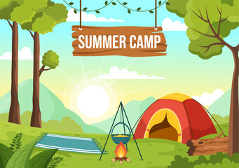 Summer Camp Vector Illustration of Camping and Traveling on Holiday with Equipment such as Tent, Backpack and Others in Flat Cartoon Templates