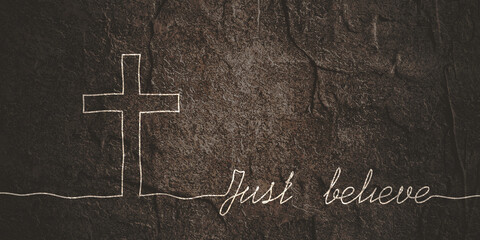 Wall Mural - Cross and just believe text in thin lines style