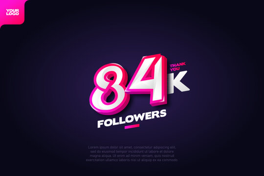 celebration of 84k followers with realistic 3d number on dark background