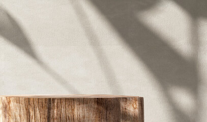 natural log wood podium table in sunlight, tropical banana tree shadow on beige concrete wall for or