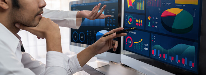 Poster - analyst working on data analysis or bi dashboard on computer monitor. business team analyzing financ