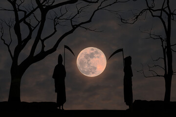 Wall Mural - Grim's silhouette Two Reapers wielding ghastly scythes. looking at the red full moon at night