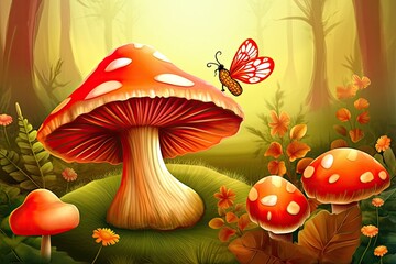 Poster - beautiful butterfly hovering over a mushroom in a lush forest Generative AI