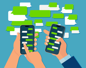 Poster - Smart Phone Messenger concept. Instant messaging chat on mobile screens in human hands, cell chat messages dialogue with text chatting boxes. Vector illustration.
