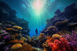 Silhouette of a Diver Under the Sea Underwater Ocean View with Beautiful Colorful Coral Reef