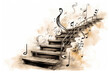 © Margo_Alexa - abstract background steps staircase going up with musical signs hovering in the air.the concept of creating music and melody. Generative AI