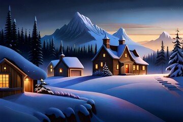 Small cottages covered with snow on a winter night, created with Generative AI