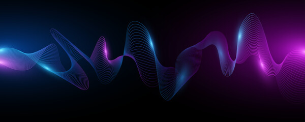 Wall Mural - Abstract flowing smooth glowing wavy form on dark background. Dynamic sound wave with light effect. Digital vibrating frequencies. Vector illustration.