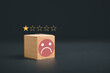 Frown icon on cube wooden block on black background. Customer satisfaction evaluation concept, bad experience, bad review, not satisfied, low score, bad service dislike bad quality