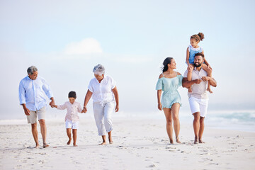 Poster - Big family, grandparents walking or kids on beach with young siblings holding hands on holiday together. Dad, mom or children love bonding, smiling or relaxing with senior grandmother or grandfather