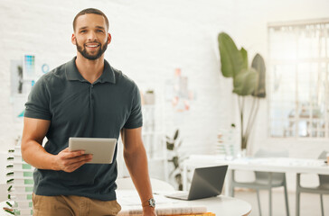 Aufkleber - Architecture, tablet and portrait of man in office for engineering, internet and buildings. Digital, construction and creative with male designer for project management, website and technology