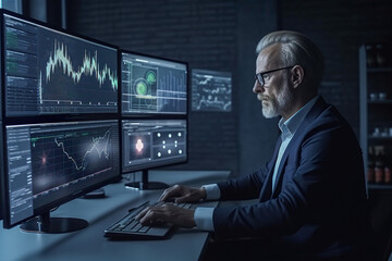 Poster - Businessman analyzing financial data on multiple computer screens in dark office. Generative AI