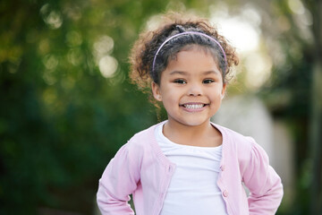 happy, smile and portrait of a kid in a garden with joy, positive emotion and childhood growth. happ