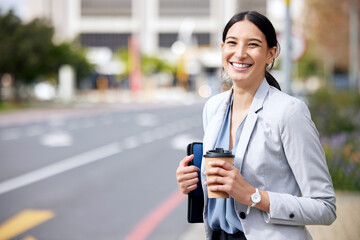 Poster - Business woman in street, travel with coffee in portrait, smile on commute with mockup space and outdoor. Female professional in urban street, happy with hot drink and person traveling to work