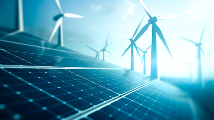 perspective angle solar panel in blue and wind turbines generation with light sunny.environment and 